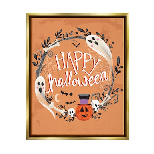 Stupell Industries Happy Haunts Halloween Wreath Framed Floater Canvas Wall Art